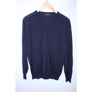 Richards Greenwich Men's Medium Navy Blue V-Neck Knit Wool Silk Blend Sweater